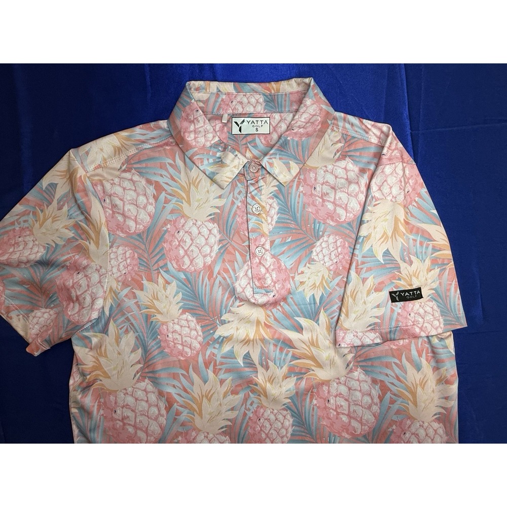 Yatta Golf Mens Small Performance Polo Pink Blue Pineapple Tropical Floral Shirt